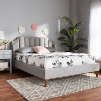 Baxton Studio BBT6928-Light Grey Velvet/Walnut-King Adelie Modern Glam Light Grey Velvet Fabric Upholstered Walnut Brown Finished Wood King Size Wingback Platform Bed